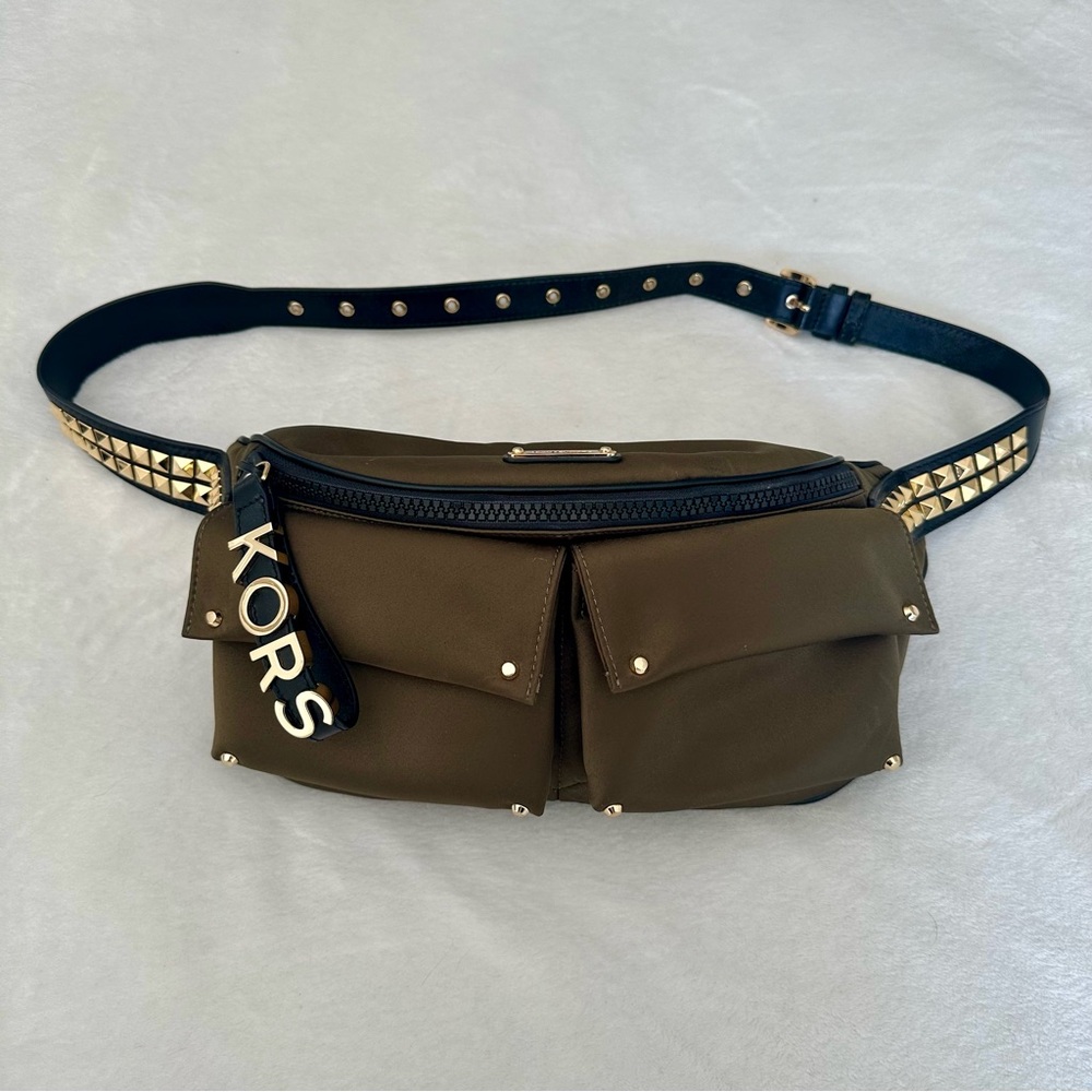 Michael Kors Olivia Large Studded Satin Belt Bag Crossbody in Olive Green - Picture 5 of 14